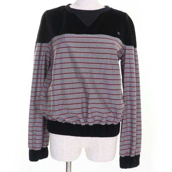 極美品☆CHANEL シャネル 22AW P73405V64996 ココマーク ボーダー柄 ベルベット切替 トップス ブラック系 36 イタリア製 正規品 レディース CHANEL（シャネル） 極美品☆CHANEL 22AW P73405V64996 ココマーク