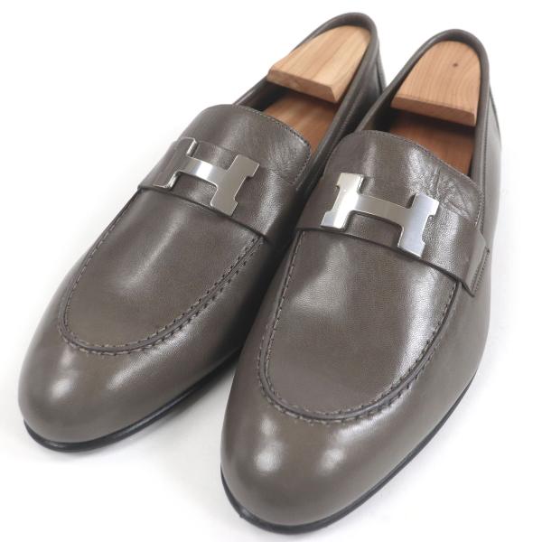 未使用品□HERMES エルメス レザー パリ コンスタンス Hロゴ シルバー金具 Uチップ ローファー チャコール系 41 イタリア製 メンズ HERMES（エルメス） 未使用品□HERMES レザー パリ コンスタンス Hロゴ