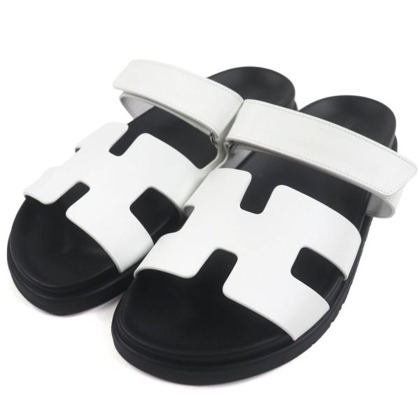 未使用品▼HERMES エルメス シプレ レザー Hロゴ ロゴ刻印入り ストラップ付き スライドサンダル ホワイト 40 箱・保存袋付 伊製 メンズ HERMES（エルメス） 未使用品▽HERMES シプレ レザー Hロゴ ロゴ刻印