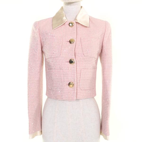 極美品☆MIUMIU ミュウミュウ 2021年製 MH1732 クロップド丈 スパンコール装飾 ツイード ジャケット ピンク 36 伊製 正規品 レディース miu miu（ミュウミュウ） 極美品☆MIUMIU 2021年製 MH1732 クロップド