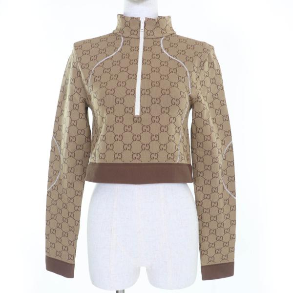 未使用品☆GUCCI グッチ 23SS 715524 GG柄 クロップド丈 フロントZIP 長袖 トップス ブラウン M イタリア製 正規品 レディース GUCCI（グッチ） 未使用品☆GUCCI 23SS 715524 GG柄 クロップド丈