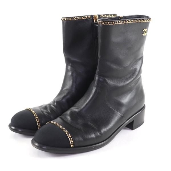 美品★CHANEL シャネル G37826 ココマーク金具付 チェーン装飾 サイドZIP レザー ショートブーツ ブラック 38 イタリア製 レディース CHANEL（シャネル） 美品☆CHANEL G37826 ココマーク金具付 チェーン
