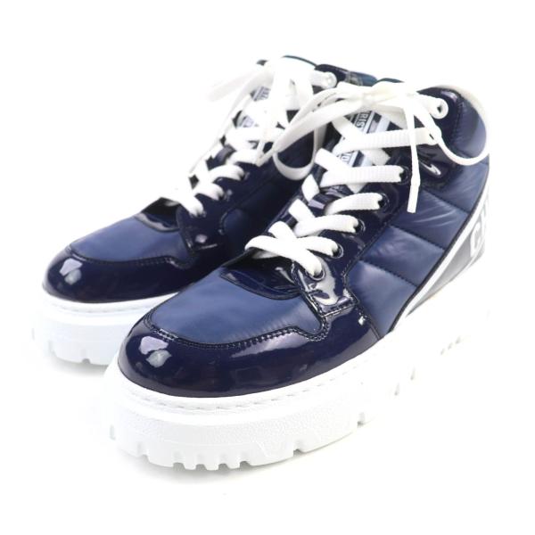 未使用品★Christian Dior クリスチャンディオール D-Player ロゴデザイン レースアップ パテントレザー使い ハイカットスニーカー 紺 35 未使用品☆Christian Dior クリスチャンディオール D-Player ロゴ