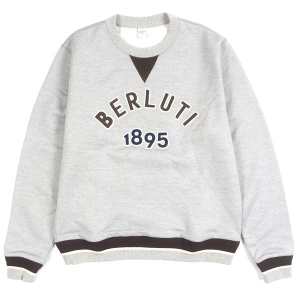 極美品▼BERLUTI ベルルッティ R25JRL82JBAW コットン シルク カレッジロゴ クルーネック プルオーバー スウェットシャツ グレー M イタリア製 正規品 メンズ 極美品▽BERLUTI ベルルッティ R25JRL82JBAW シルク混 カレッジロゴ