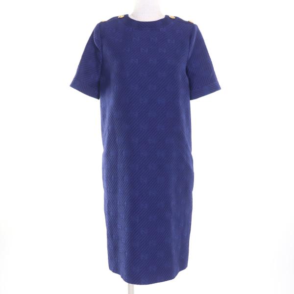 極美品★GUCCI グッチ 610872 シルク混 GG柄 イカリボタン付 バックデザイン 半袖 ワンピース ネイビー 36 イタリア製 正規品 レディース GUCCI（グッチ） 極美品☆GUCCI 610872 シルク混 GG柄 イカリボタン付