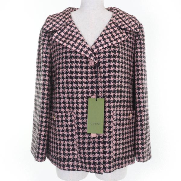 未使用品☆GUCCI グッチ 674323 ウール GGボタン 千鳥格子柄 ハンドトゥース ジャケット コート ピンク 40 イタリア製 正規品 レディース GUCCI（グッチ） 未使用品☆GUCCI 674323 ウール GGボタン 千鳥格子柄