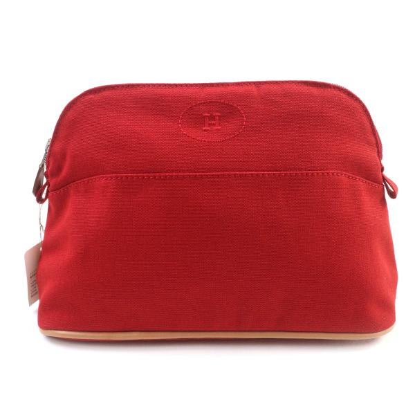 未使用品★HERMES エルメス ボリードポーチ MM コットン100％ ROUGE Hロゴ刺繍 レザーZIP ポーチ 箱付き フランス製 レディース HERMES（エルメス） 未使用品☆HERMES ボリードポーチ MM コットン100