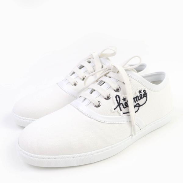 未使用品☆HERMES エルメス イノサン キャンバス レザー使い 刺繍パッチ ローカットスニーカー ホワイト 38.5 イタリア製 レディース HERMES（エルメス） 未使用品☆HERMES イノサン キャンバス レザー使い