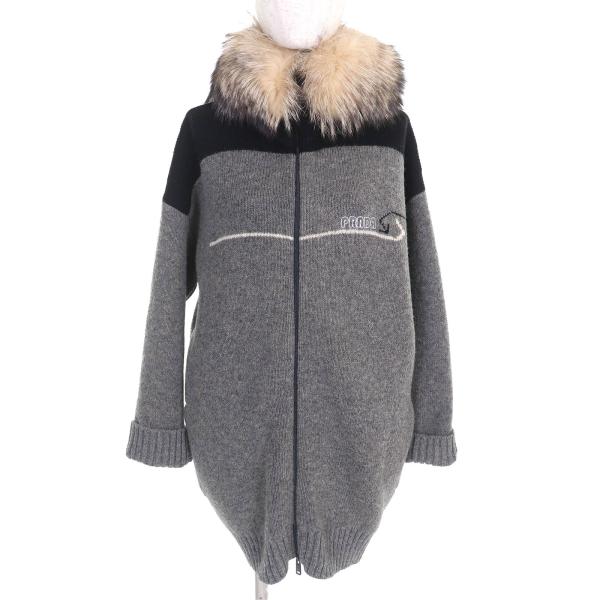 PRADA グレー ジッパー付きジャケット PRADA 未使用品△PRADA プラダ ウール100% フォックスファー ロゴ刺繍