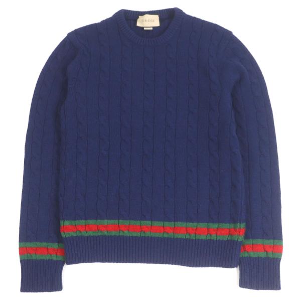 極美品□GUCCI グッチ 673489 カシミヤ ウール ウェブライン クルーネック ケーブルニット セーター ネイビー M イタリア製 正規品 GUCCI（グッチ） 極美品□GUCCI 673489 カシミヤ ウール ウェブライン
