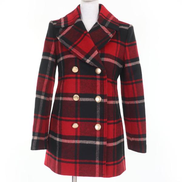 極美品☆COACH コーチ ウール チェック柄 メタルロゴボタン ロゴレザーパッチ ダブルブレスト コート レッド系 XS 正規品 レディース brand-td-store_00044127