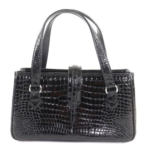 【JRA認定】ハンドバッグ パイソン 本革 レザー ブラック シルバー金具 美品◇YAMAGUCHI ヤマグチ JRAタグ付き シャイニークロコダイルレザー