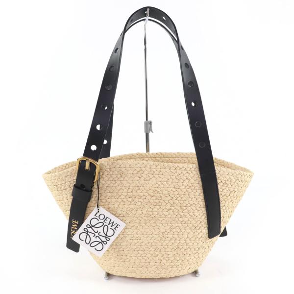 未使用品☆LOEWE ロエベ A223BBPX01 パンチホール バスケット スモール ラフィア レザー使 かごバッグ ハンドバッグ ナチュラル ブラック LOEWE（ロエベ） 未使用品☆LOEWE A223BBPX01 パンチホール バスケット