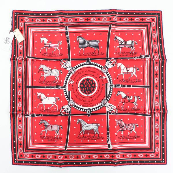 未使用品☆HERMES エルメス カレ55 Couvertures et Tenues de Jour 馬着 シルク100％ ROUGE/NOIR/BLANC スカーフ 箱付き フランス製 HERMES（エルメス） 未使用品☆HERMES カレ55 Couvertures et Tenues
