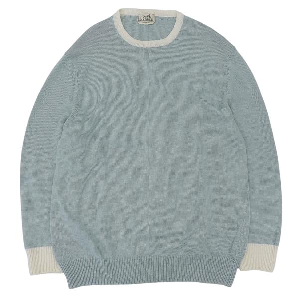 美品▲HERMES エルメス リネン100％ クルーネック 長袖 ニット サマーセーター ブルーグリーン ホワイト XXL イタリア製 正規品 メンズ HERMES（エルメス） 美品△HERMES リネン100％ クルーネック 長袖