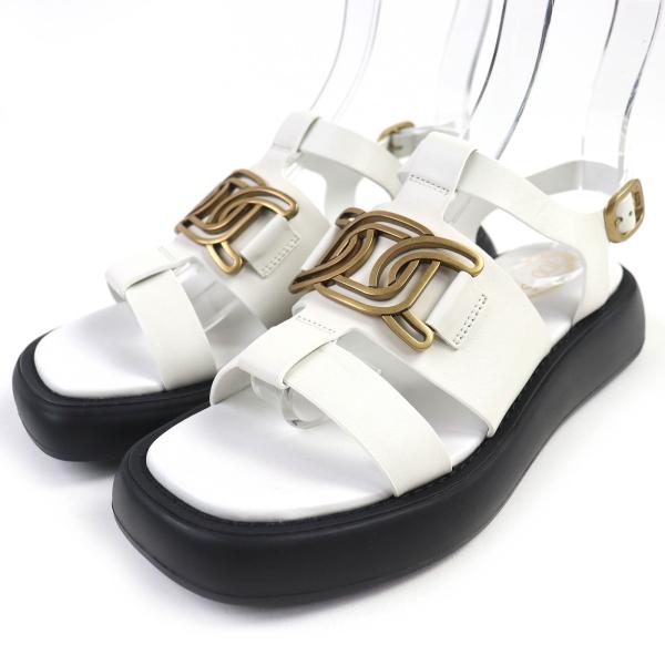 未使用品△TOD’S トッズ XXW11K0GQ80MIDB001 KATE ケイト メタルチェーン ストラップ ロゴ レザー サンダル 白 黒 ゴールド 36.5 伊製 未使用品△TOD'S トッズ XXW11K0GQ80MIDB001 KATE ケイト メタル