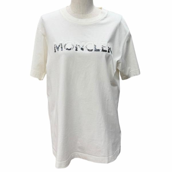 極美品★MONCLER モンクレール 2023年製 コットン100％ ロゴワッペン付 スパンコールロゴ クルーネック 半袖Ｔシャツ アイボリー M 正規品 レディース MONCLER（モンクレール） 極美品☆MONCLER 2023年製 コットン100
