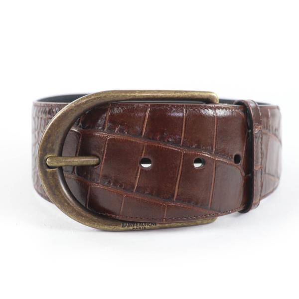 極美品☆SAINT LAURENT サンローラン GRZ619783 ロゴ入り クロコ型押し レザー ベルト ブラウン 65 保存袋付き イタリア製 レディース 極美品☆SAINT LAURENT サンローラン GRZ619783 ロゴ入り クロコ型押し