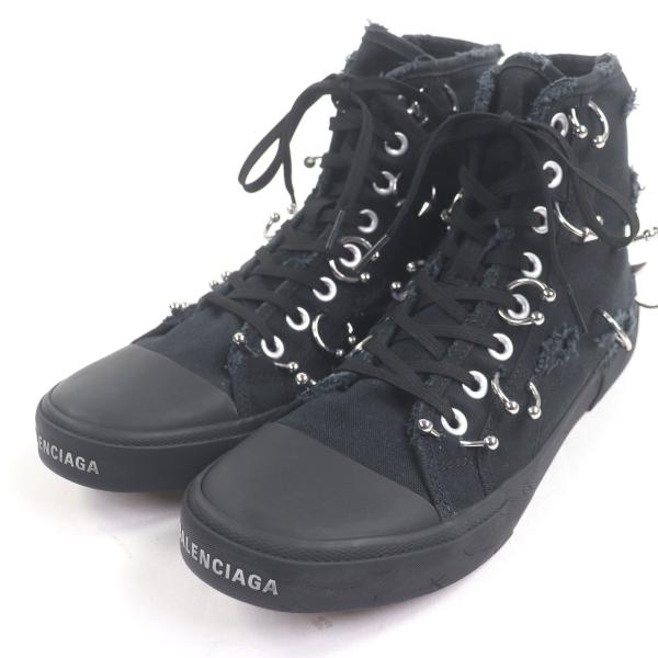 美品□BALENCIAGA バレンシアガ 688752 High Top Paris Destroyed Piercing Sneakers ハイカットスニーカー ブラック 42 箱・保存袋付き BALENCIAGA（バレンシアガ） 美品□BALENCIAGA 688752 High Top Paris