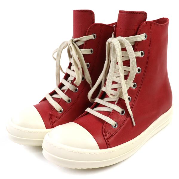 極美品△Rick Owens リックオウエンス 53832 ラモーンズ レザー サイドジップ レースアップ ハイカットスニーカー レッド 37 レディース brand-td-store_00047123