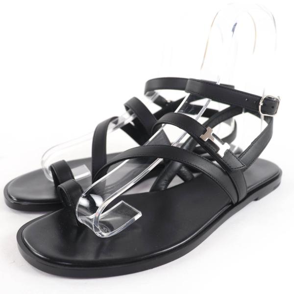 極美品☆HERMES エルメス 2023年製 232080Z アルモニ シルバー金具 Hロゴ アンクルストラップ レザー フラット サンダル ブラック 38 HERMES（エルメス） 極美品☆HERMES 2023年製 232080Z アルモニ