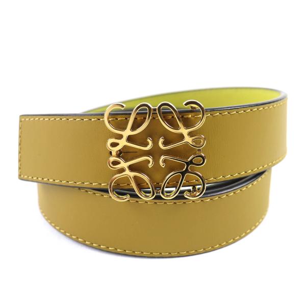 極美品△LOEWE ロエベ 832213 アナグラムバックル レザー ベルト オリーブグリーン イエロー ゴールド金具 80/32 箱・保存袋付き スペイン製 レディース LOEWE（ロエベ） 極美品△LOEWE 832213 アナグラムバックル レザー
