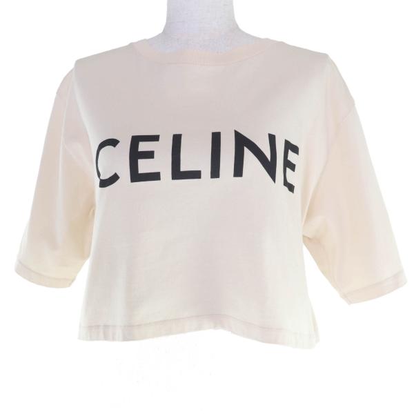 美品☆CELINE セリーヌ 2X761671Q コットン100％ ロゴ入り クロップド丈 半袖Ｔシャツ ベージュ XS イタリア製 正規品 レディース CELINE（セリーヌ） 美品☆CELINE 2X761671Q コットン100％ ロゴ入り