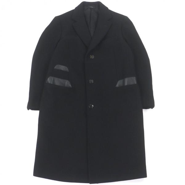 極美品□HERMES エルメス カシミヤ100％ ラムレザーパイピング シングル チェスターコート ロングコート ブラック 50 イタリア製 メンズ HERMES（エルメス） 極美品□HERMES カシミヤ100％ ラムレザー