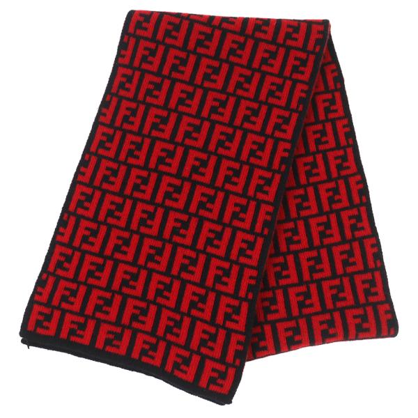 未使用品△FENDI フェンディ FXS346 ウール100％ FFロゴ ズッカ柄 ニット マフラー レッド ブラック イタリア製 正規品 レディース brand-td-store_00053784