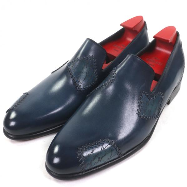 未使用品▼BERLUTI ベルルッティ 2022年製 ラピエセルプリゼ カリグラフィ プレーントゥ 純正シューツリー付き レザーシューズ ローファー ブルー 6.5 保存袋付き イタリア製 メンズ 未使用品▽BERLUTI ベルルッティ 2022年製 ラピエセルプリゼ