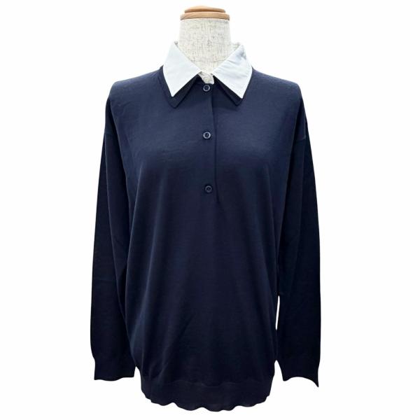 プラダ 24年 バージンウール トップス 襟取り外し可 ニット DNA00T ネイビー 44【中古】 PRADA（プラダ） 未使用品△PRADA 2024年製 DNA00T バージンウール100
