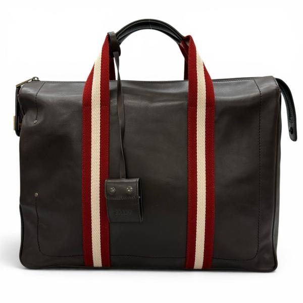 美品▲BALLY バリー TAPRUS ロゴ刻印 トレインスポッティング ストライプ ブリーフケース トートバッグ ダークブラウン スイス製 メンズ