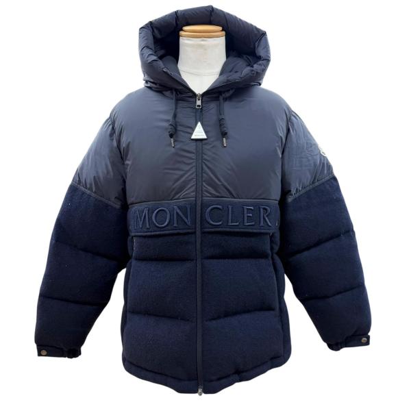 美品▼MONCLER モンクレール ANDRES ロゴ刺繍 フーデッド ダブルジップアップ ダウンジャケット ネイビー 2 正規品 メンズ ハンガー付き MONCLER（モンクレール） 美品▽MONCLER ANDRES ロゴ刺繍 フーデッド
