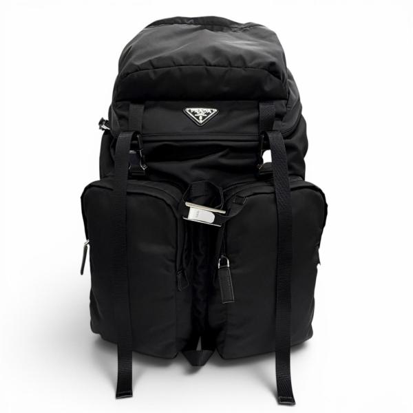 極美品△PRADA プラダ 2VZ019 トライアングルロゴ Re-Nylon レザー使い リュックサック デイパック ブラック 定価616000円 保存袋付き 定価616,000円 PRADA（プラダ） 極美品△PRADA 2VZ019 トライアングルロゴ Re-Nylon