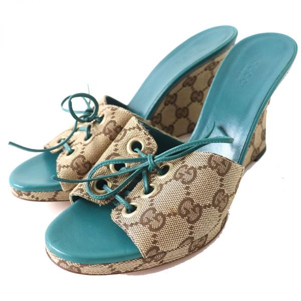 GUCCI 極美品△GUCCI グッチ 142924 GGキャンバス レザーレースアップ  