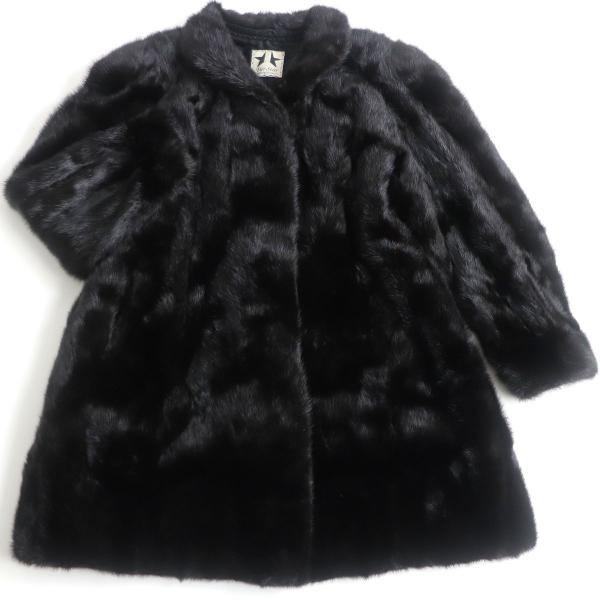 極美品◇MINK ミンク 逆毛 裏地花柄刺繍入り 本毛皮コート ブラック 毛