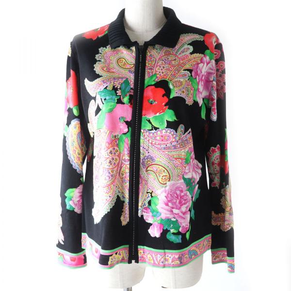 【ドンドン見直し】美品★正規品 レオナール 0337213 花柄×ペイズリー柄 ラインストーン付 ZIP UP カーディガン LL 日本製 コットン ドンドン見直し】美品☆正規品 レオナール 0337213 花柄×ペイズリー柄
