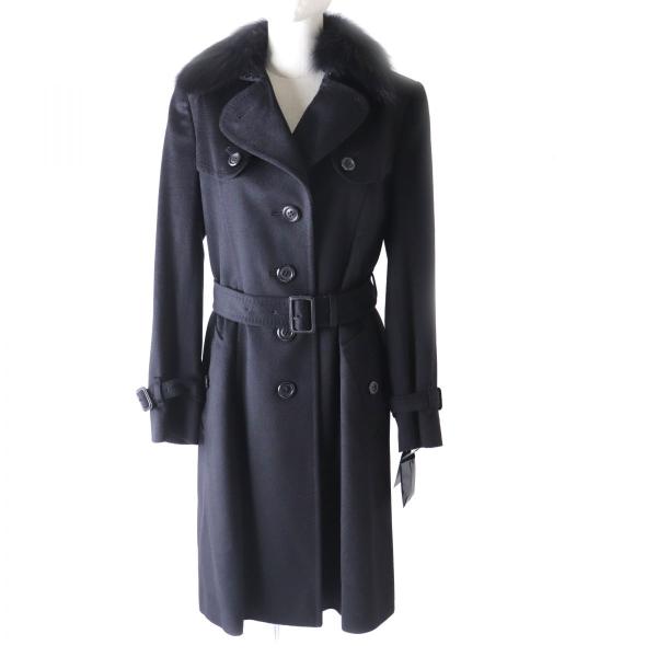 極美品★バーバリーロンドン FN344-925-09 カシミヤ混 襟元FOXファー・ロゴボタン付 裏地チェック柄 ベルテッドコート 黒 38 正規品 未使用品☆正規品 BURBERRY LONDON バーバリーロンドン FN344-925 裏地