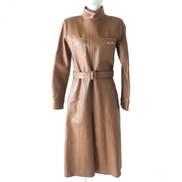 極美品★定価682000円 正規 セリーヌ 2G117097H モックネック  グレインドレザー コンビネゾン トリオンフ金具・ベルト付 茶 38 伊製 CELINE（セリーヌ） 極美品☆定価682000円 正規 2G117097H モック