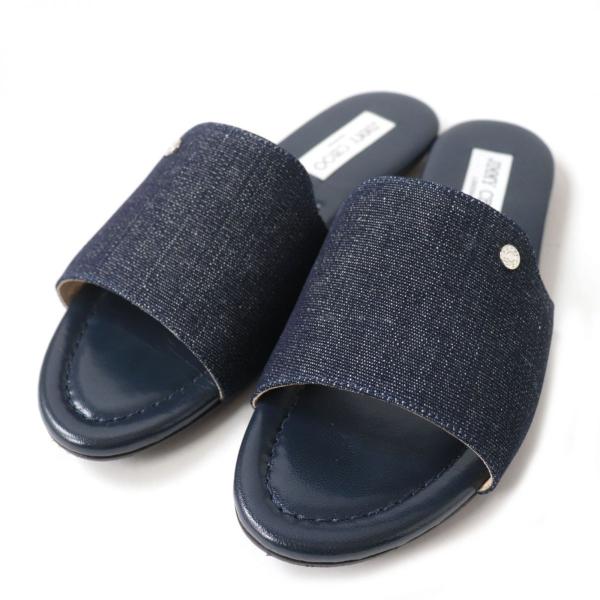 極美品☆JIMMY CHOO ジミーチュウ NANDA ロゴ金具付 デニム スライド  