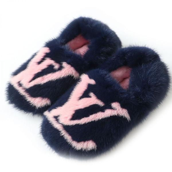 【ドンドン見直し】極美品 ルイヴィトン 定価258400円 ドリーミーライン LVロゴ ミンクファー スリッパ／ルームシューズ ネイビー 38 箱 brand-td-store_m07-st30925