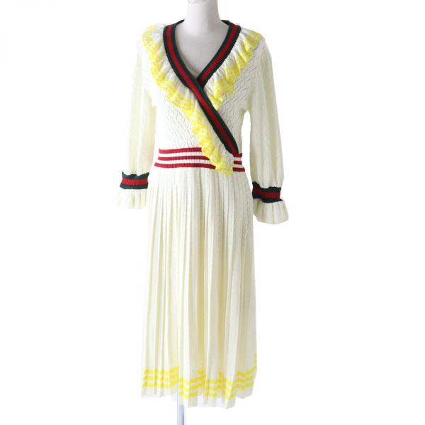 【ドンドン見直し】極美品◎正規品 22SS グッチ×アディダス 693831 フリル 透かし編み カシュクール ニットワンピース プリーツ M brand-td-store_m08-st31019