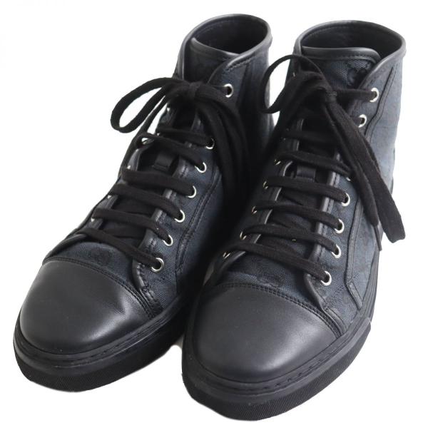 極美品□GUCCI グッチ 426188 一部レザー使い GGロゴ総柄 ハイカットスニーカー ブラック系 8.5 箱・保存袋付き イタリア製 メンズ 美品○GUCCI グッチ 426188 GGキャンバス×レザー ハイカットスニーカー