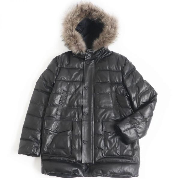 極美品□20AW EMMETI／エンメティ ティアゴ ラムナッパシルクレザー ラクーンファーフード レザーダウンコート ブラック 52 伊製 正規品 極美品□20AW EMMETI／エンメティ ティアゴ ラムナッパシルクレザー