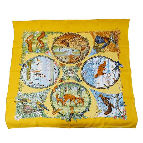 HERMES エルメススカーフカレ90 四季　イエロー HERMES（エルメス） スカーフ レディース ブランド カレ90 LES QUATRE