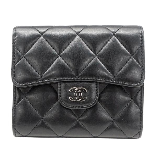 ・CHANEL シャネル　マトラッセ/ラムスキン/三つ折長財布/ブラック×シルバー金具 CHANEL（シャネル） 財布 マトラッセ レディース ブランド 長財布