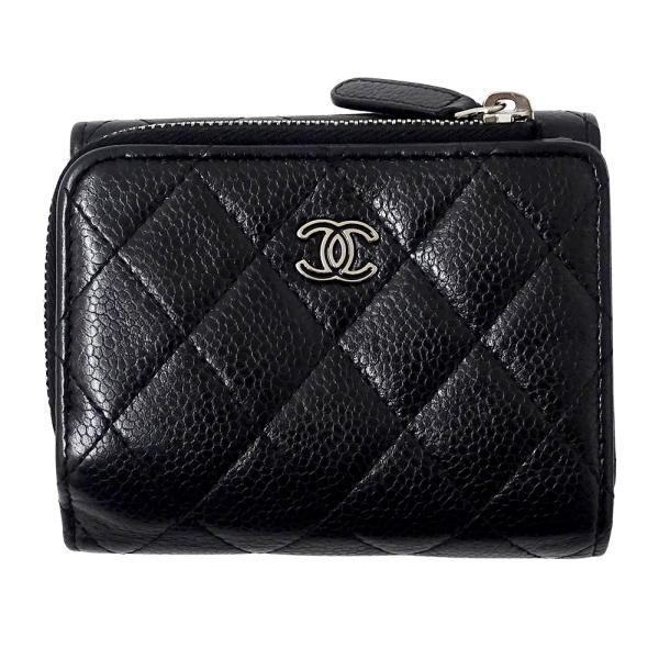 極美品◆CHANEL 三つ折り財布 キャビアスキン マトラッセ 黒 32番台 CHANEL（シャネル） 財布 マトラッセ レディース ブランド 三つ折り
