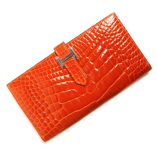 （未使用保管品）エルメス HERMES ベアン スフレ 二つ折り長財布 クロコダイル アリゲーター エキゾチックレザー オレンジポピー シルバー金具 □R刻 HERMES（エルメス） （未使用保管品）エルメス ベアン スフレ 二つ折り
