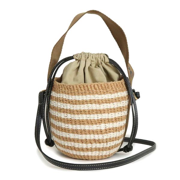 （美品）クロエ Chloe Woody ウッディ バスケット スモール ロゴ ボーダー かご Mifuko ミフコ コラボ 斜め掛け 2WAY ショルダー ハンドバッグ ペーパー カーフスキン レザー Grove brow グローブ ブロウ ブラウン ベージュ ホワイト ブラック 茶 白 黒 ゴールド金具 Chloe（クロエ） （美品）クロエ Chloe Woody バスケット スモール