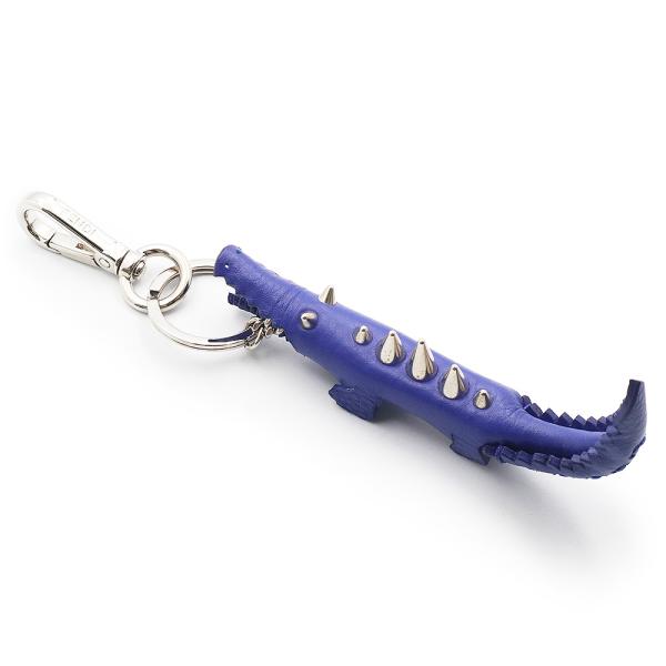 （中古）フェンディ FENDI クロコダイル ワニ スタッズ バッグチャーム キーリング キーホルダー カーフスキン レザー ブルー シルバー金具 7AR385 FENDI（フェンディ） （中古）フェンディ クロコダイル ワニ スタッズ